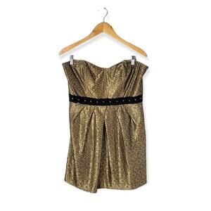 Laundry by Design Mini Foil Dress High Waist Pleated Floral Lace Pattern Gold 12